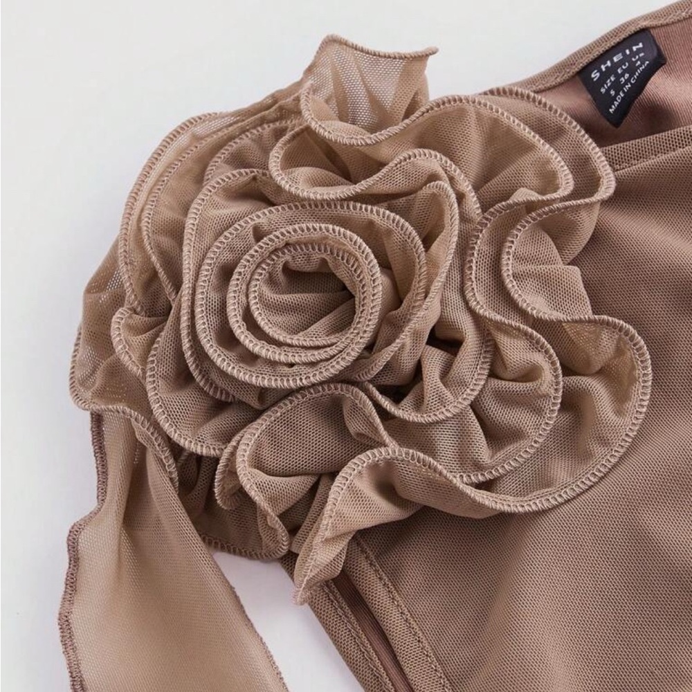 SHEIN Tan One-Shoulder Asymmetrical Ruffle Bodycon Dress - Picture 3 of 4